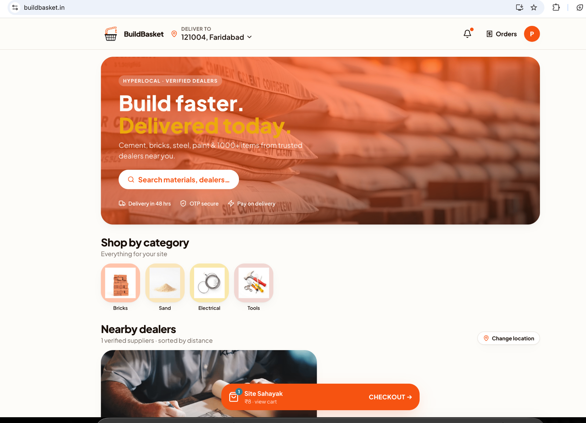 BuildBasket — hyperlocal construction marketplace homepage
